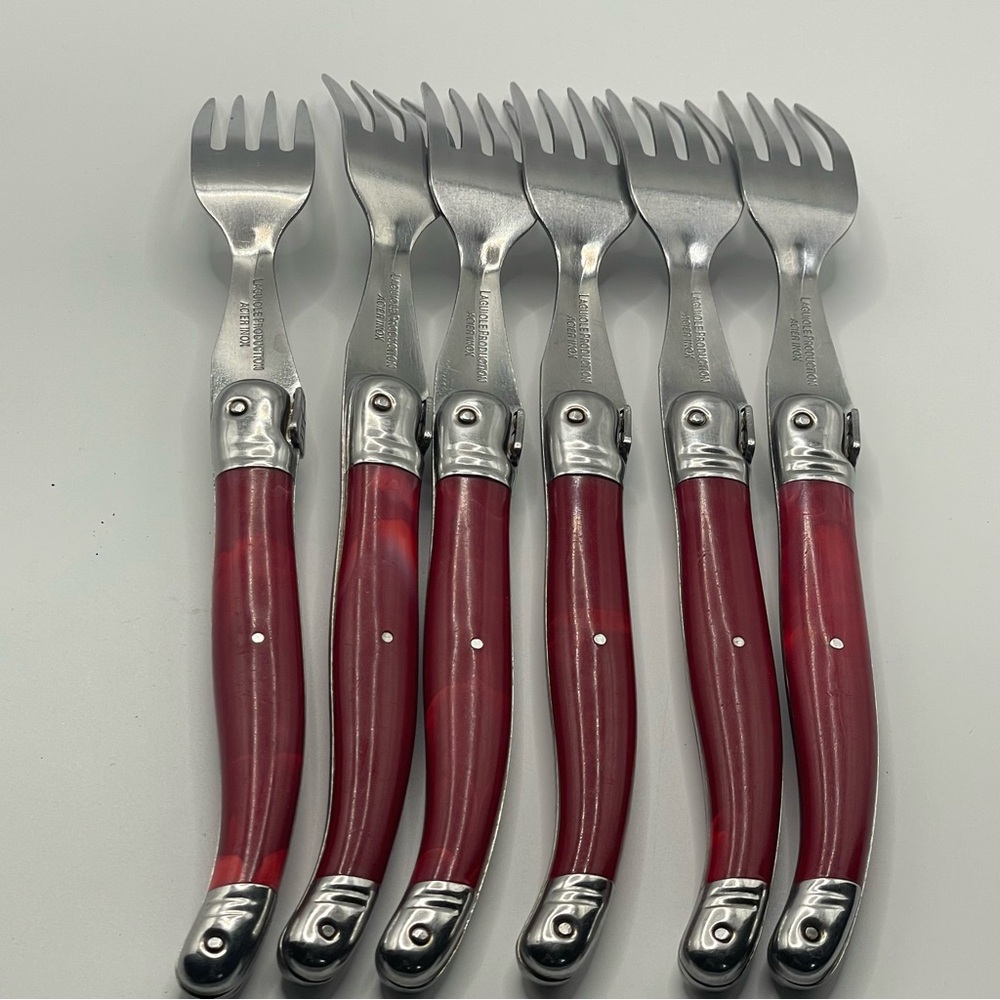 Laguiole Production Acier Inox Set of 6 Forks Red Handles Bee Cutlery - Picture 9 of 10